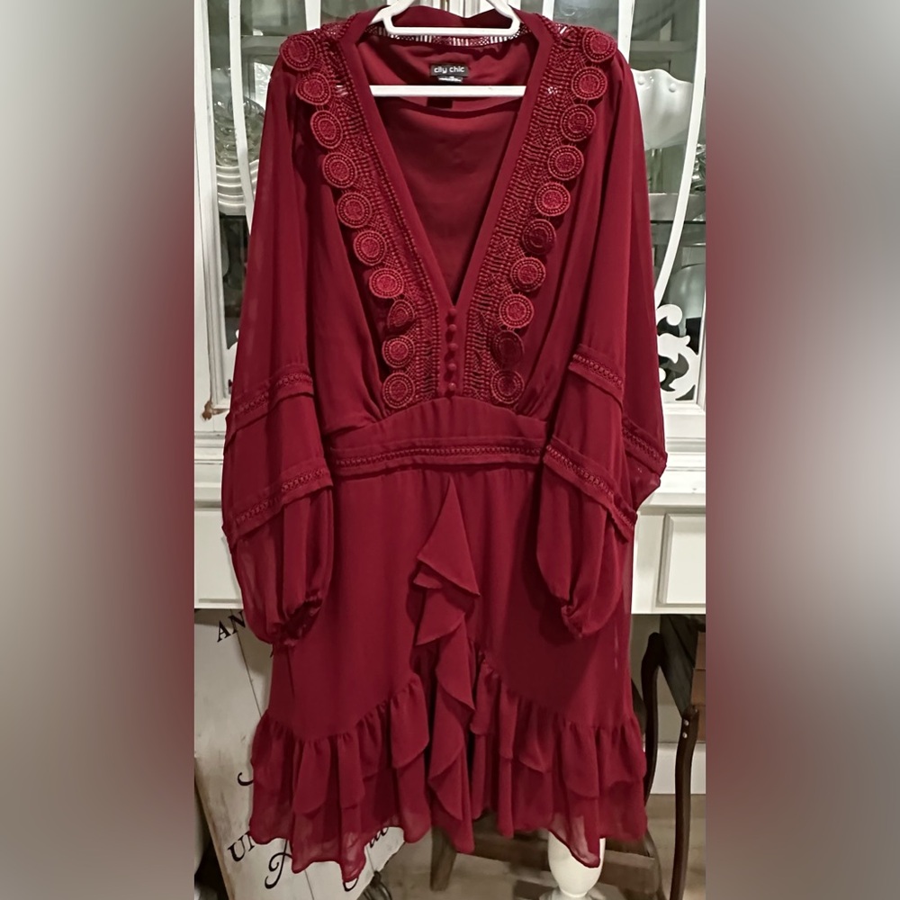 CITY CHIC Ruffled Boho Burgundy Long Sleeve Dress XL / 22